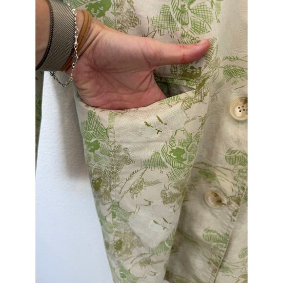 Vintage‎ Y2K Old Navy Floral Botanical Trench Coat Pockets Lined Green Cream L - Picture 3 of 9